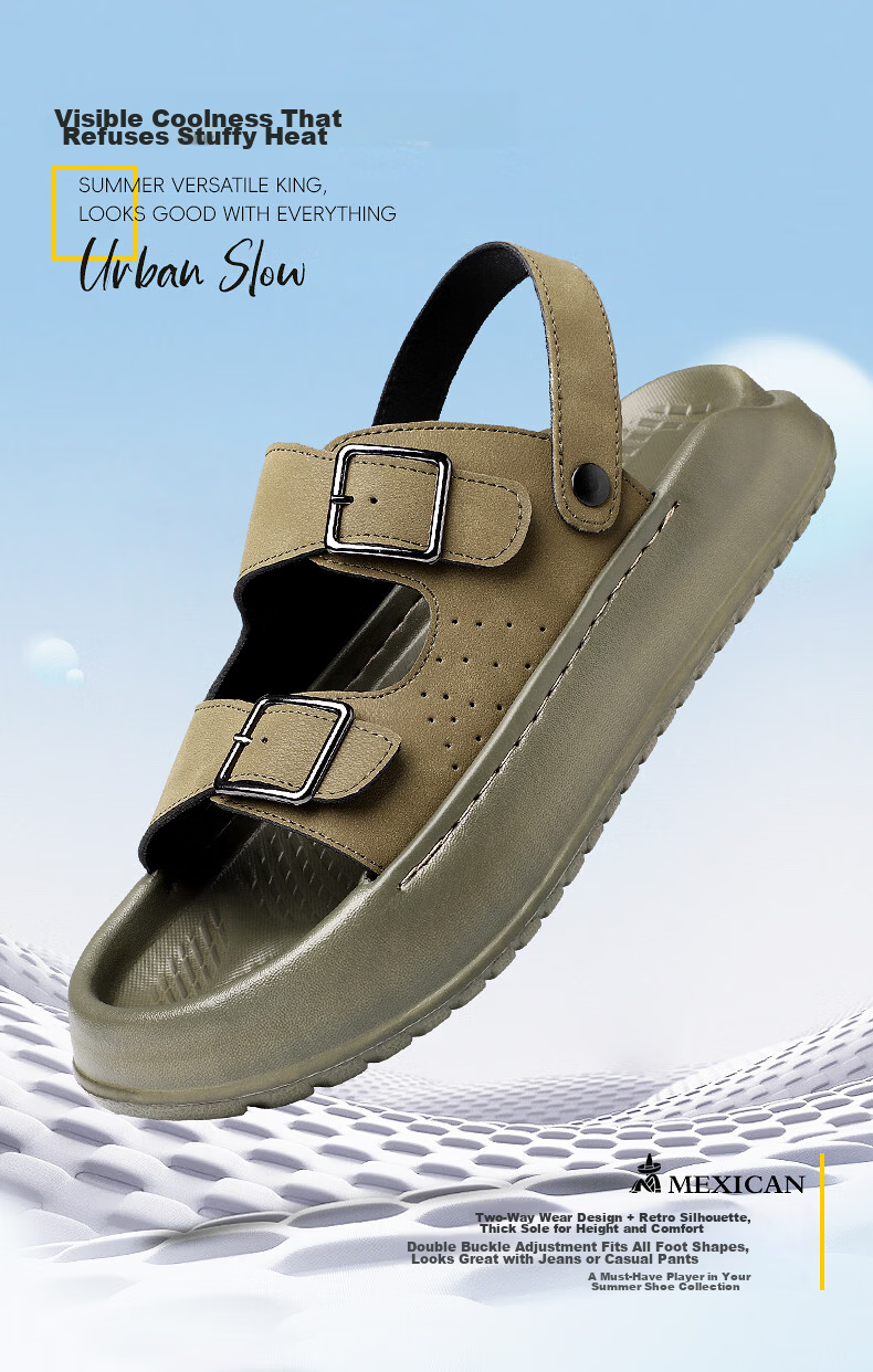 MEXICAN Spring Summer New Men's Leather Sandals Beach Shoes Dual-Wear Slippers Breathable Black Size 39 1