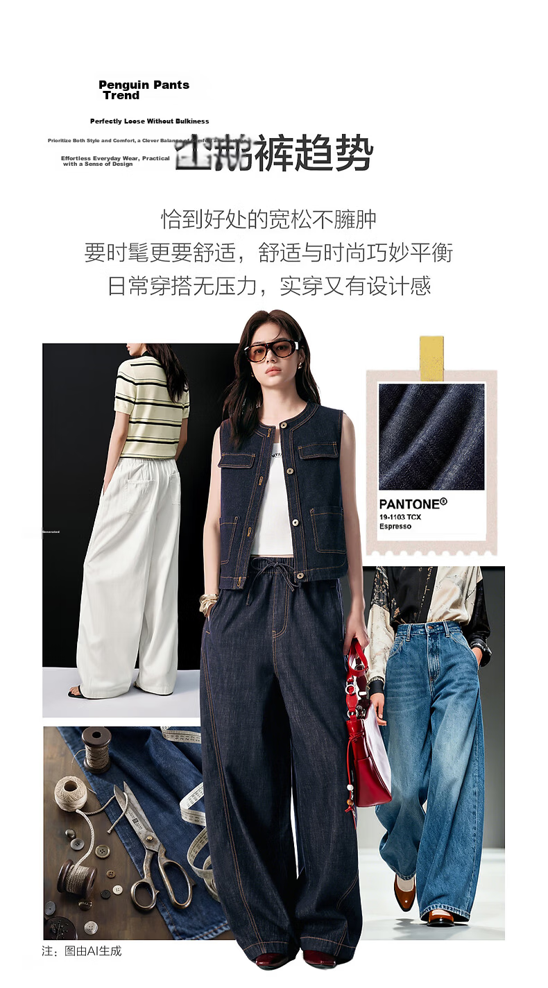 Peacebird Women's High-Waist Loose Lantern Wide-Leg Denim Jeans Elastic Waist Dark Blue Denim Pants L 9