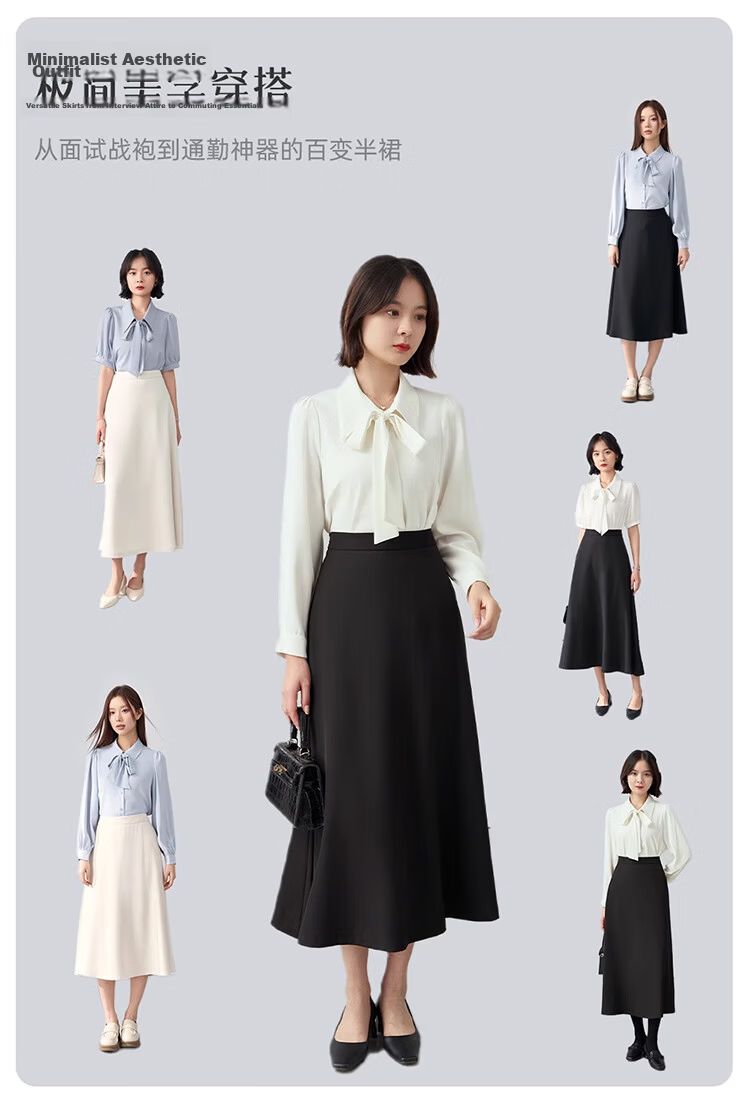 Bodexiaojie A-Line Long Dress, Women's Formal Umbrella Skirt, Professional Long Skirt, Shirt Skirt, Interview Dress, Black Midi Skirt, Size L 15