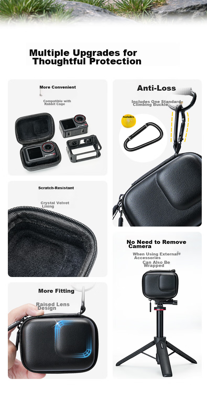Pisen Compatible DJI Action 5 Pro/4/3/6 Sports Camera Storage Bag Universal GoPro 13/12 Body Protective Case Double Zipper Quick Release Bag Black 2