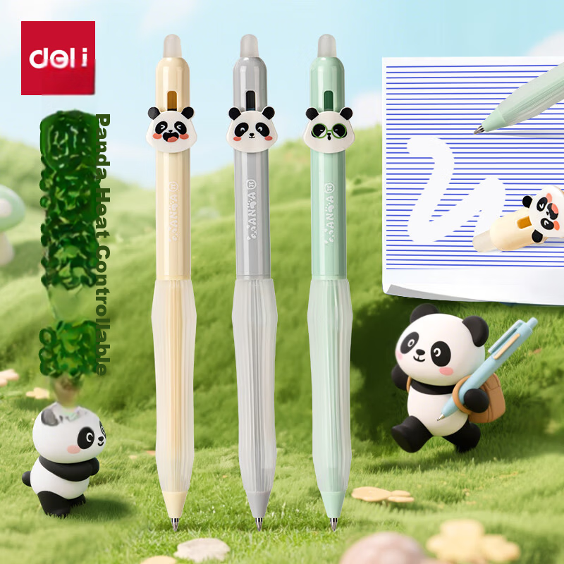 Deli Panda Retractable Erasable Gel Pen 0.5mm Bullet Tip Student Erasable Pen Crystal Blue 3pcs/Box SA301 Exam Use