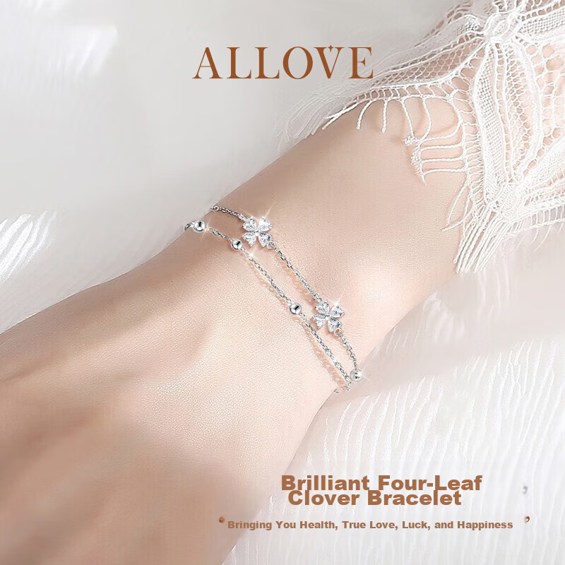 ALLOVE Lucky Four-Leaf Clover Sterling Silver Double-Layer Bracelet for Women 2026 New Jewelry Birthday Gift for Girlfriend Wife