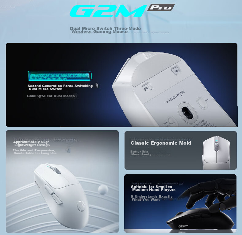 EDIFIER HECATE G2M PRO Wireless Wired Bluetooth Tri-Mode Gaming Office Mouse Dual Micro Switch Low Latency Lightweight Long Battery Life Blue 7