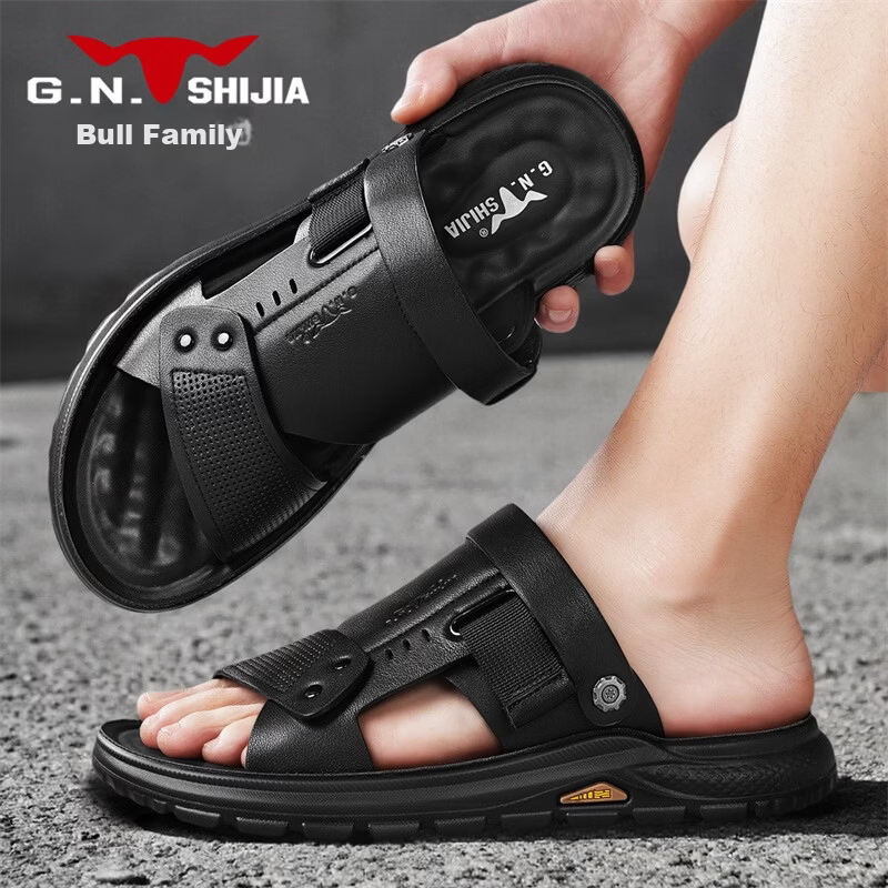 Bull Family Men's Leather Summer Sandals New Genuine Leather Thick Sole Beach Shoes Outdoor Dual-Wear Casual Slippers Middle-Aged and Elderly Dad Shoes