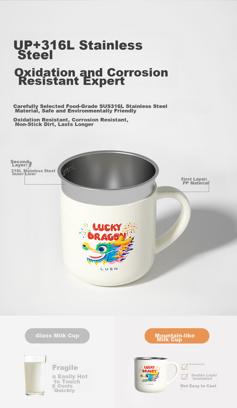 LUSN Children's Milk Cup with Scale, Household Open-Top 316L Stainless Steel Baby Straw Cup, Training Cup, Drinking Cup 2