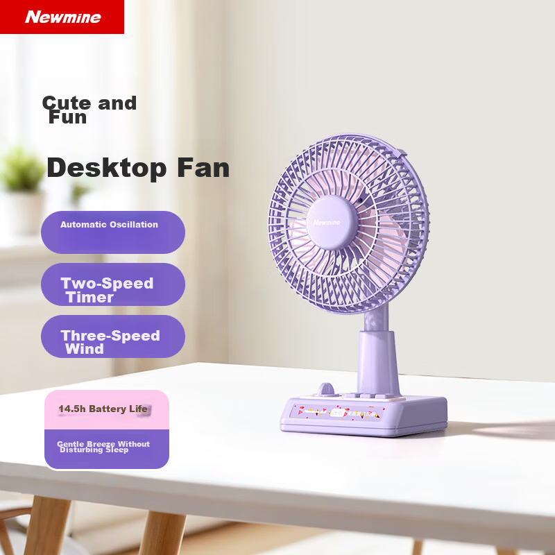 Newmine 14.5H Long Battery Life Desktop Fan Quiet USB Rechargeable Oscillating Large Blade Office Dorm Portable - Roland Purple