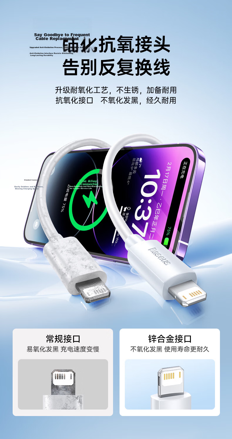 BASEUS Apple Data Cable Fast Charging Cord for IPhone 14/13/12 Pro Max/XR/Xs/11/8, Compatible with IPad Pro/Air 2 Tablets And Car Charger, 2 Meters Blue 8