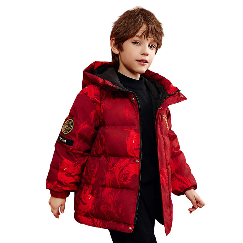 ASK JUNIOR Boys' Down Jacket Thickened Warm Winter New Year Red Hooded Coat for Kids and Teens