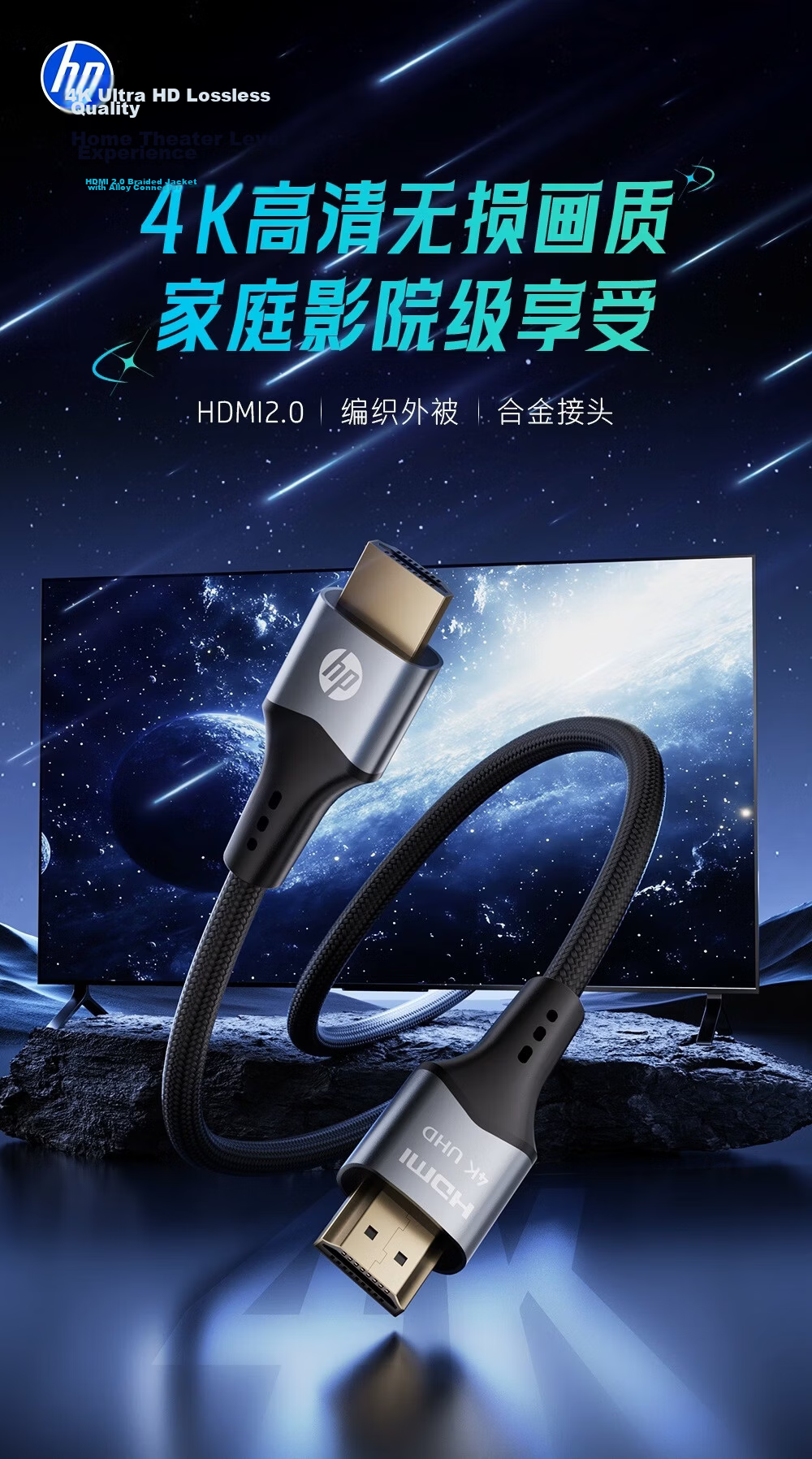 HP HDMI 2.0 High-Speed Cable 4K for TV Set-Top Box Computer Monitor Projector Data Cable DHC-HD01b-XXMHDMI 2.0 Braided - 1.5m 19
