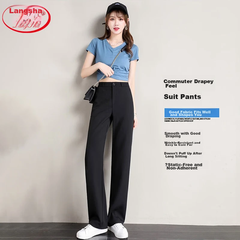 Langsha Women's Summer Thin High Waist Slim Fit Elastic Waist Straight Leg Casual Suit Pants