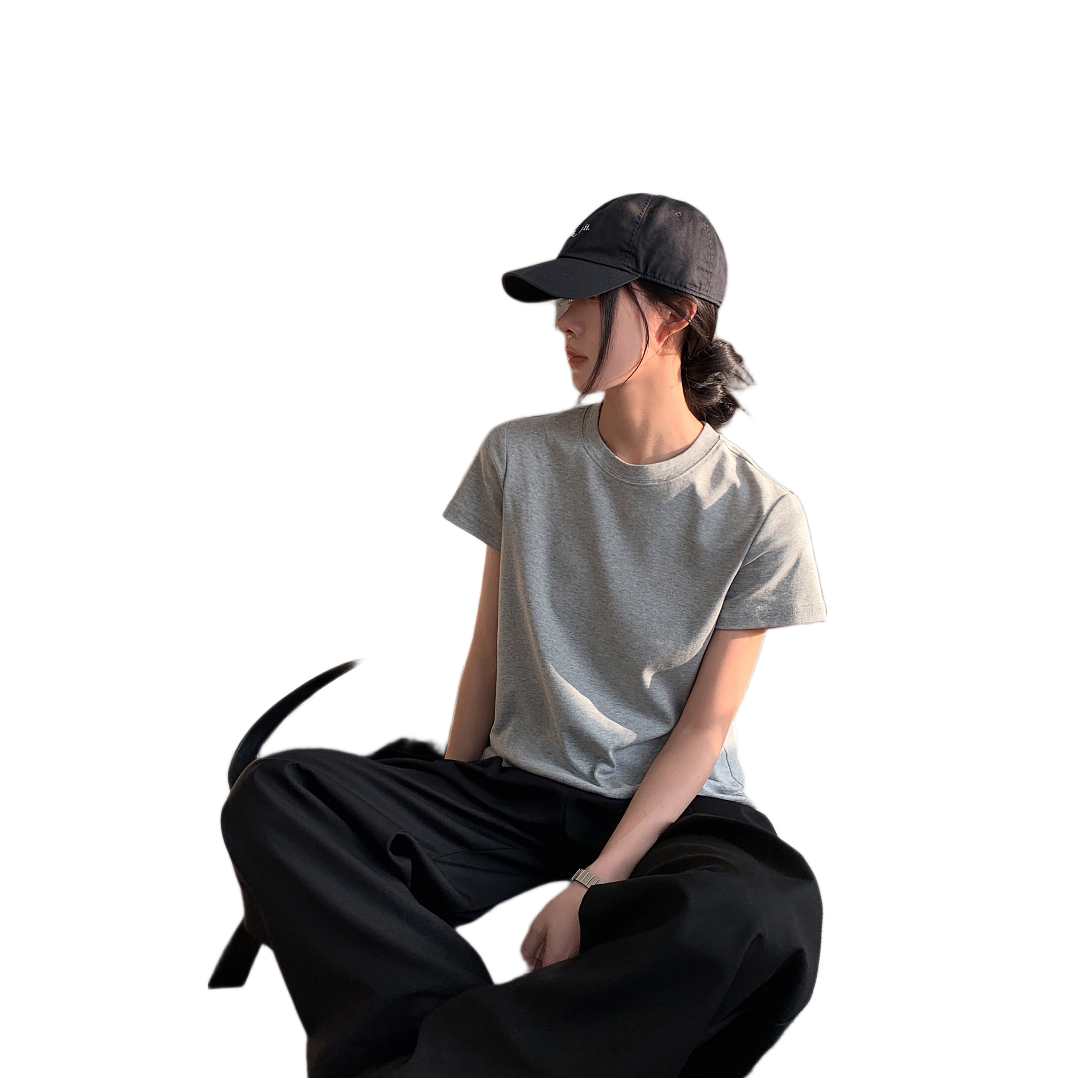 ICH MODE Minimalist Paper Doll Short Sleeve Women's T-Shirt Summer Simple Cool Base Shirt Solid Color Inner Top Heather Gray XL