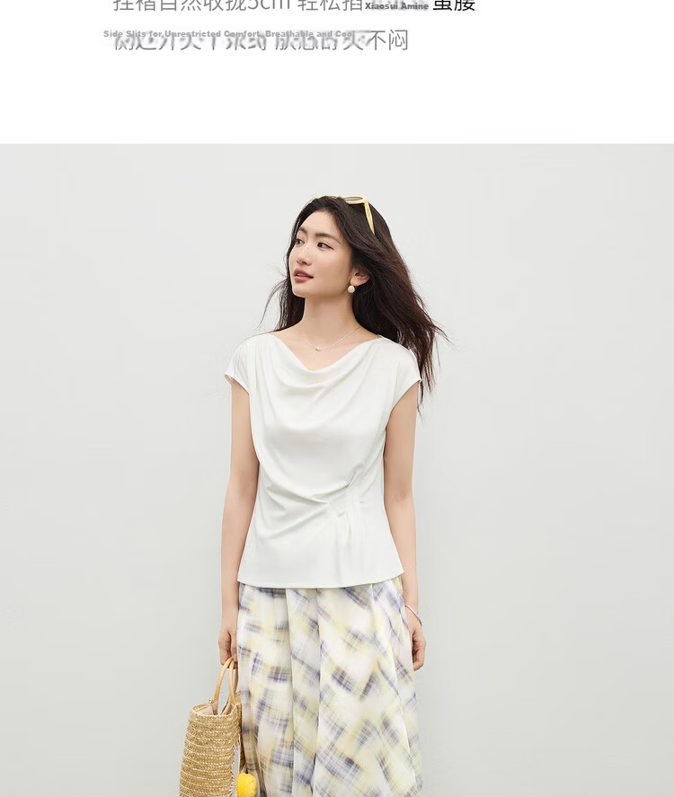 Shangdu Bila Lenzing Tencel Casual T-Shirt for Women Spring Summer Design Off-Shoulder Slimming Pleated Knitwear 2