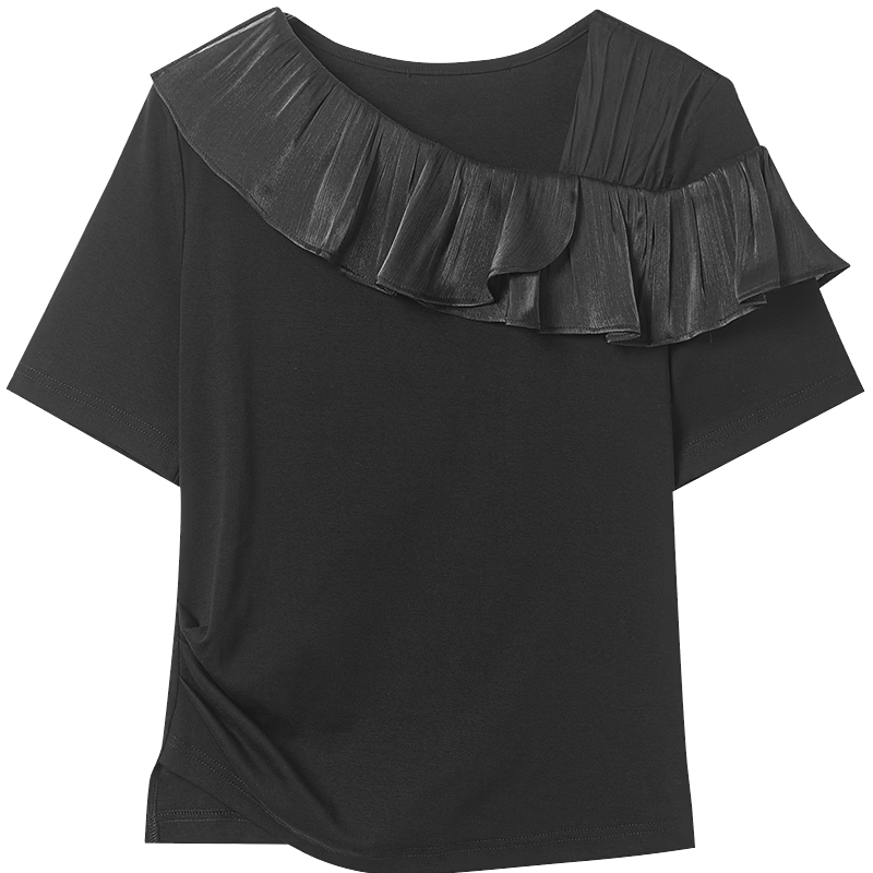 Yixiang Liying Ruffle Short Sleeve T-Shirt Women 2026 Summer New Mesh Splice Top Ink Black S