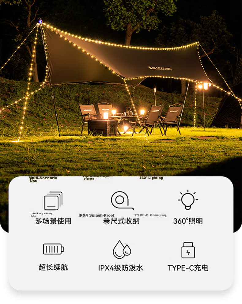 Black Dog Ambient Camping String Lights Outdoor Camping Decorative Lighting Tape Measure Storage 10m 2
