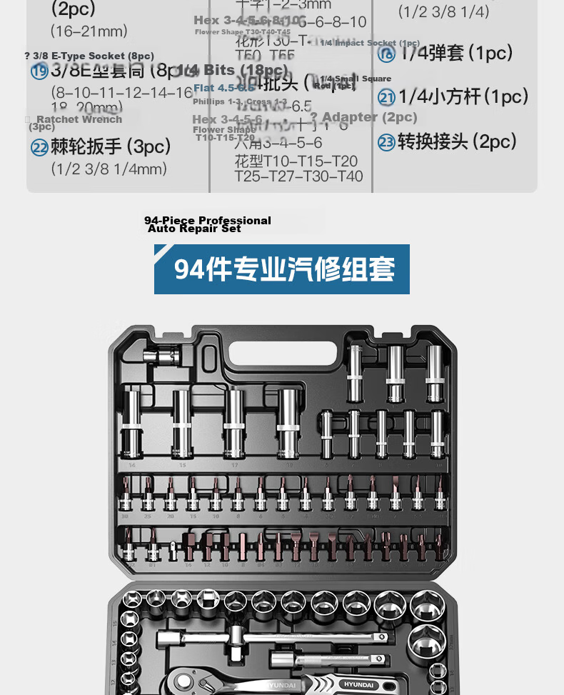 HYUNDAI Socket Set Ratchet Wrench Small Medium Large Repair Auto Mechanic Tool Kit Complete Set 24