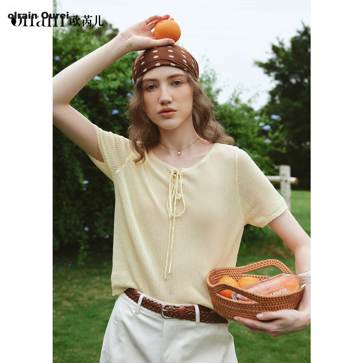 Olrain Summer New Vacation Style Large Round Neck Tie Pullover Knitwear Women Casual Top Yellow L