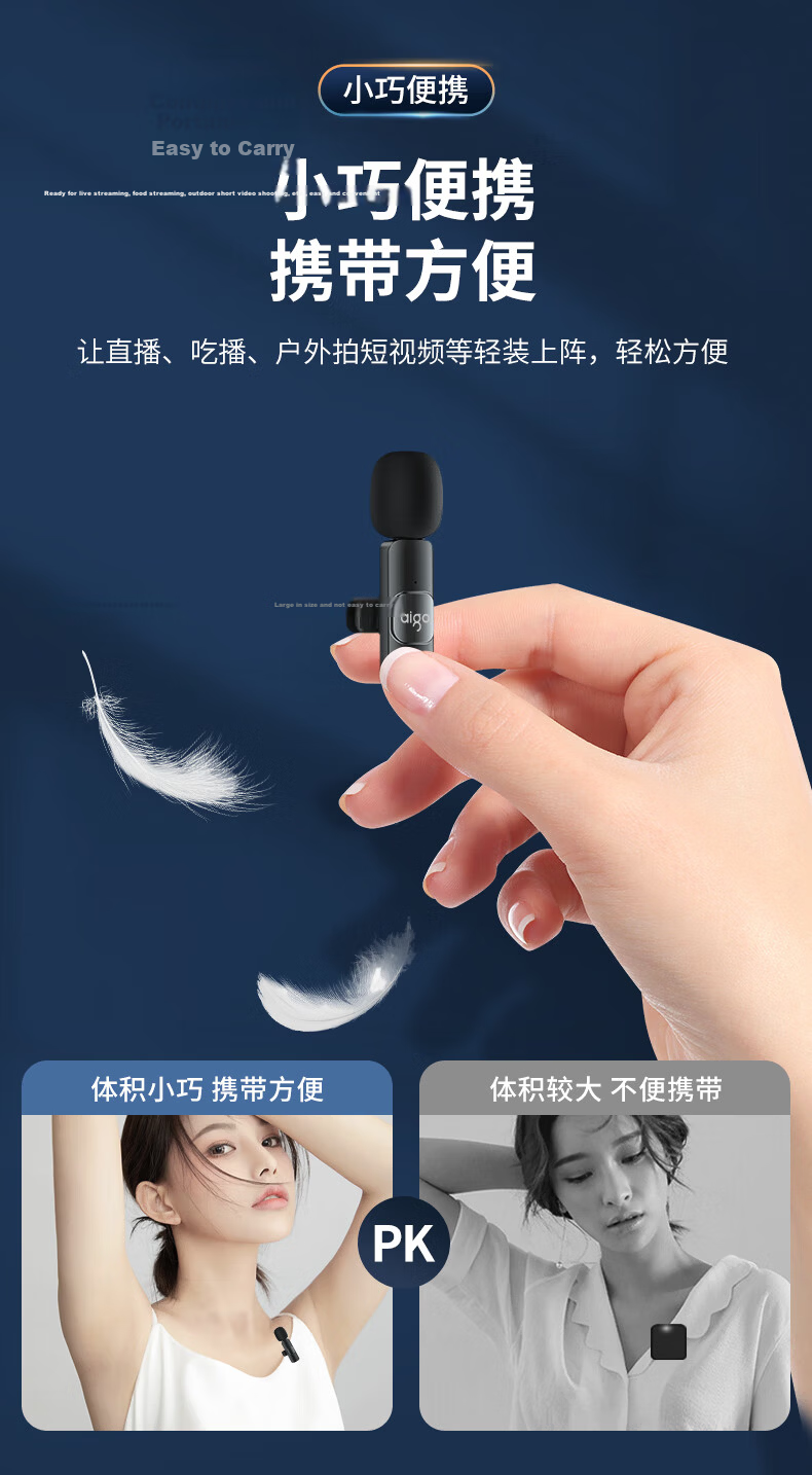 Aigo S28 Wireless Lavalier Microphone Mini Clip-on Mic for Live Streaming Outdoor Interview Short Video Conference Recording Professional Noise Reduction Receiver One-to-Two 16