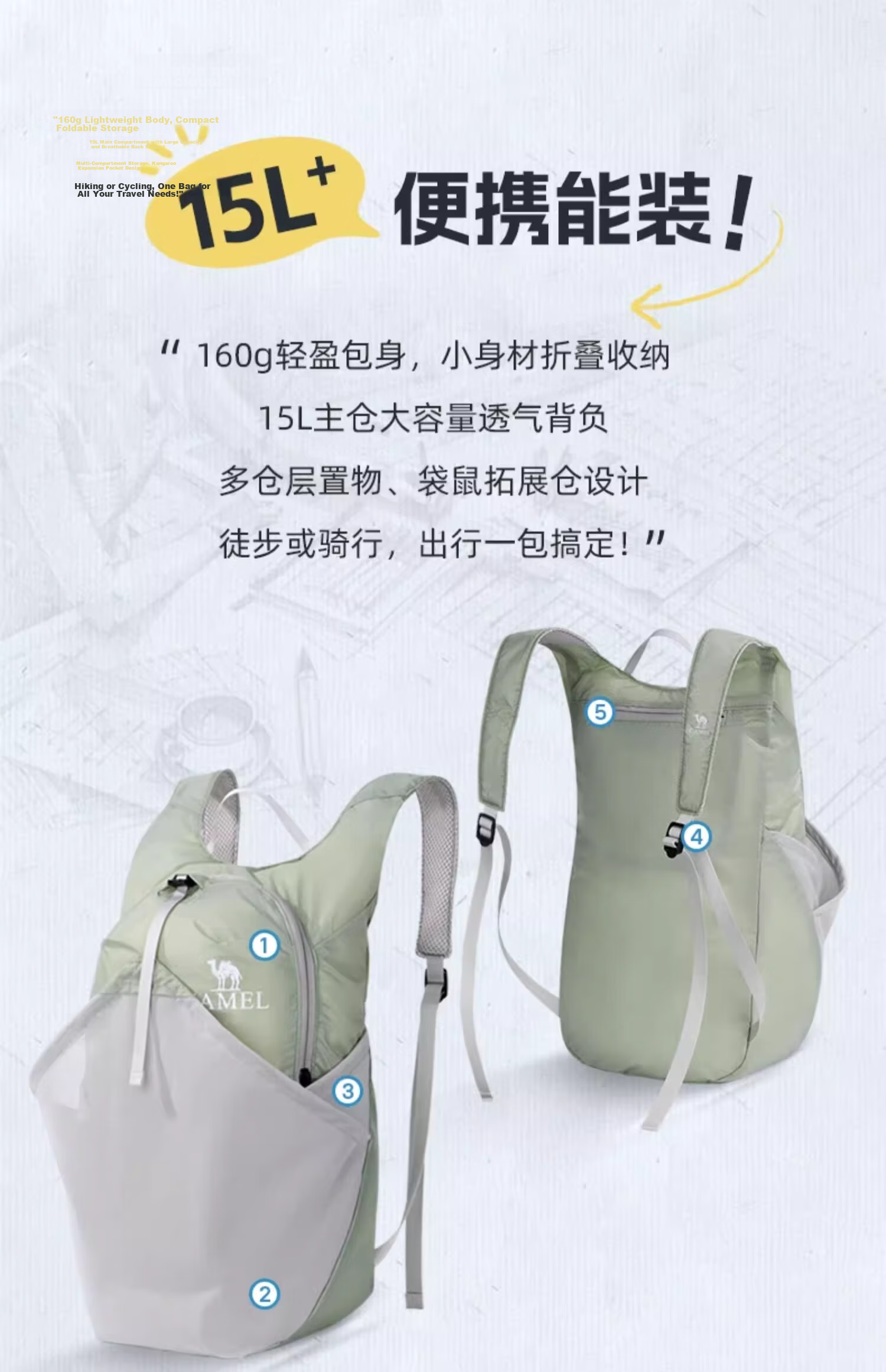 CAMEL Outdoor Sports Backpack Lightweight Foldable Running Skin Bag Unisex Hiking Travel Bag 6