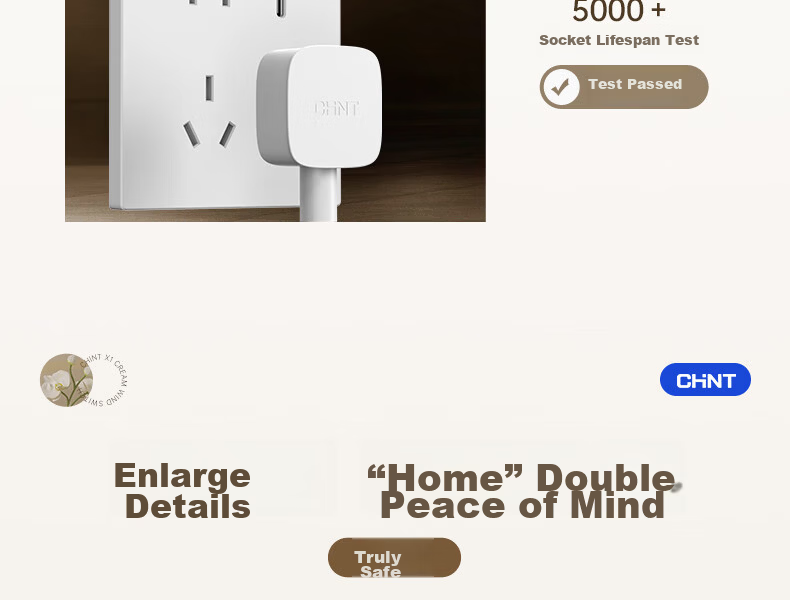 CHNT Switch Socket No-Paint Cream Style Large Panel Socket Faceplate Concealed X1M One-Gang Single-Control Five-Hole 37