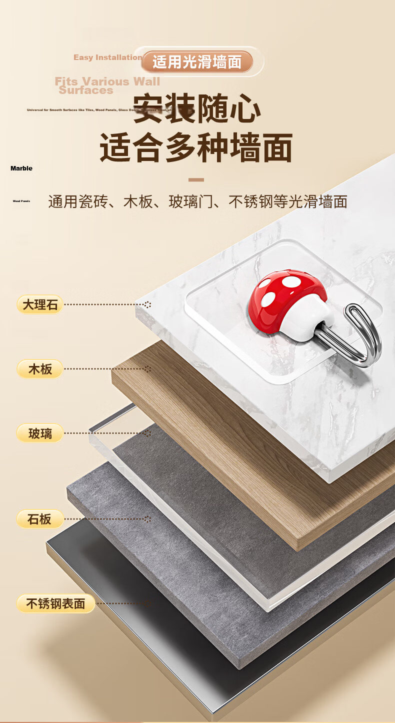 Baicaoyuan Super Strong Adhesive No-Drill Hooks, Powerful Sticky Hooks for Dormitory, Bathroom, Kitchen, Wall-Mounted, Transparent Mushroom Style, 10 Pieces 9