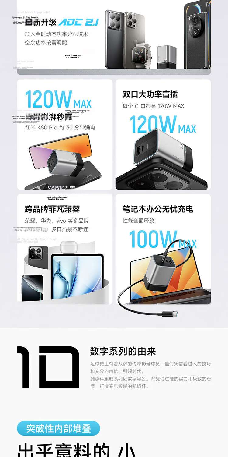 CUKTECH CoolState No.10 Super Power Mini GaN Charger 120W/100W Fast Charging Set for Apple 17, Xiaomi, Huawei Phones/Laptops 3