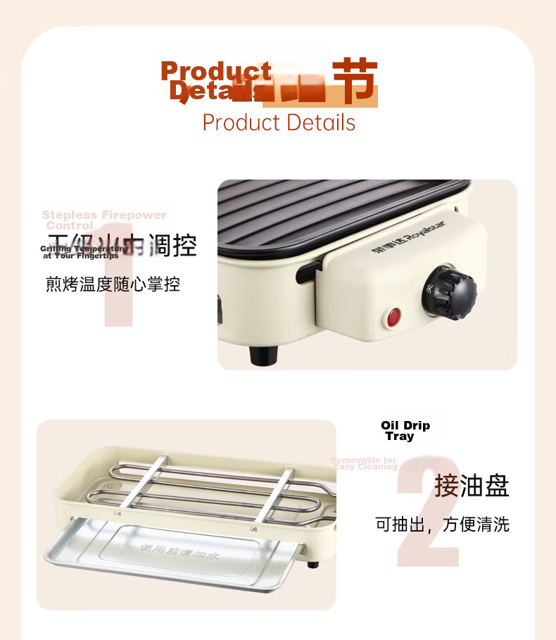 Royalstar Electric Grill Pan Titanium Maifan Stone Antibacterial Small 1-2 Person BBQ Grill Multi-Functional Home Electric Barbecue Oven Low Smoke Low Oil Square RS-KP130A 20