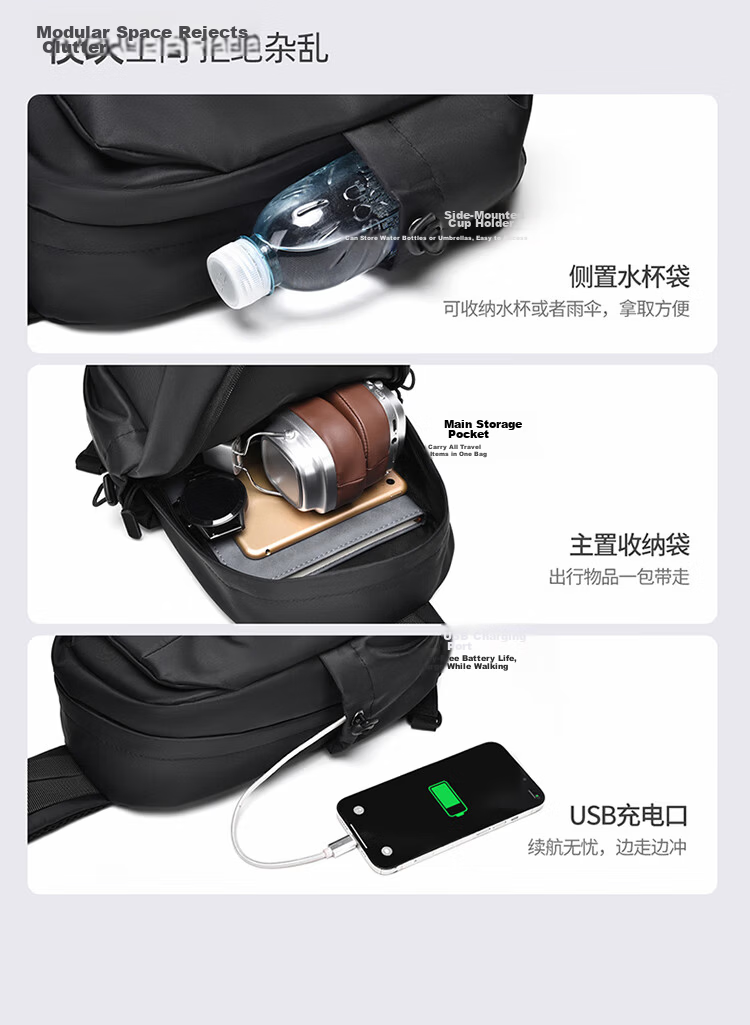 361° Men's Backpack, Chest Bag, Waist Bag, Handbag, Shoulder Bag, Commuting, Mountaineering, Travel, Fashion, Large Capacity, Black 9