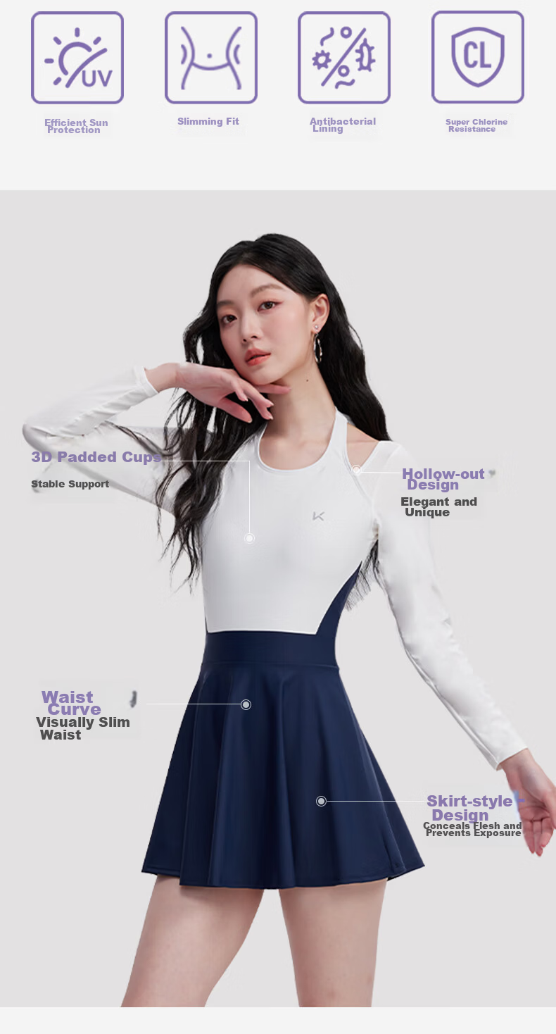 Keep Women's One-Piece Skirted Conservative Slimming Tummy Control Professional Training Swimsuit Blue and White Colorblock L 2