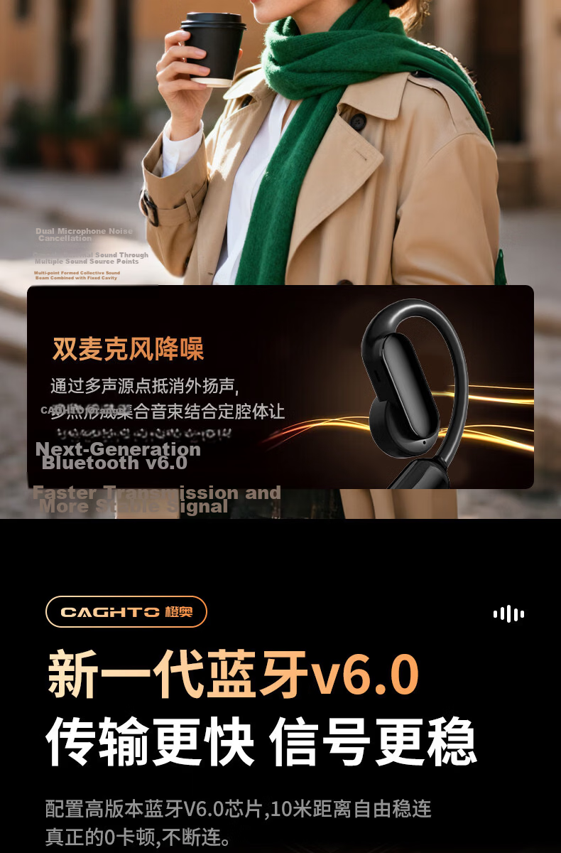 Chengao Clip-On Bluetooth Earphones AI Translation Open-Ear Sports Running Cycling Ear Hook Long Battery Life Noise Cancelling Gaming Low Latency Universal G13Pro Black 27