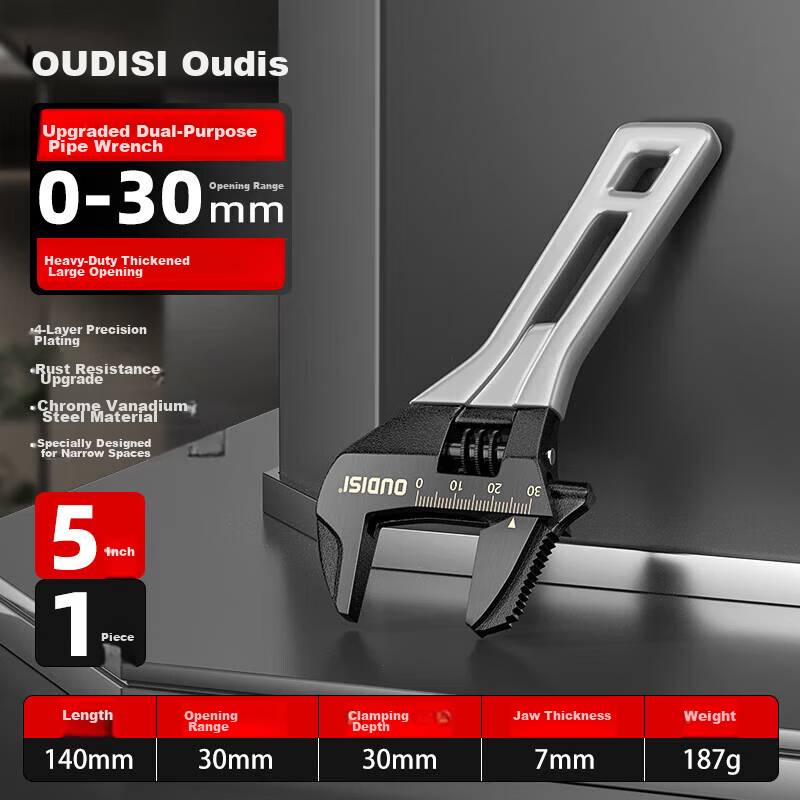 Oudis Adjustable Wrench Large Opening Universal Wrench 5-Inch Short Handle Open-End Wrench Plastic Coated Plumbing Wrench Bathroom Wrench