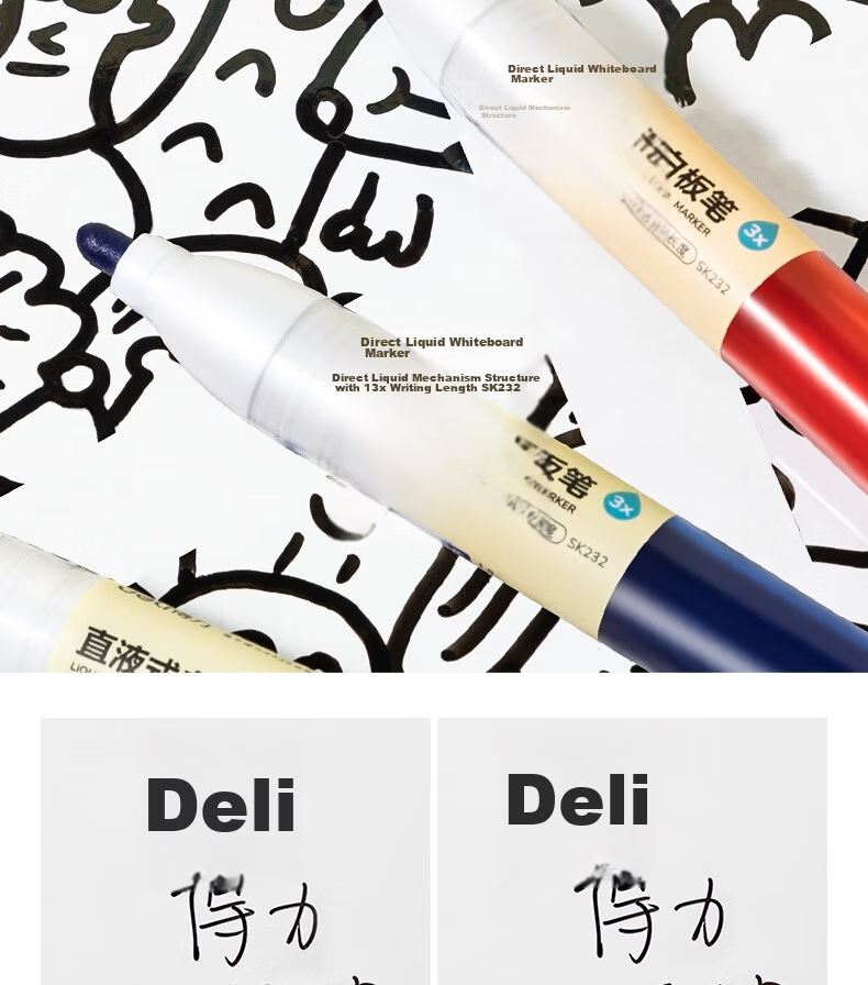 Deli Large Capacity Smooth Writing Liquid Whiteboard Marker Set Office Stationery Meeting Teaching Thick Barrel Color Marker Pen 4 Colors SK232 11