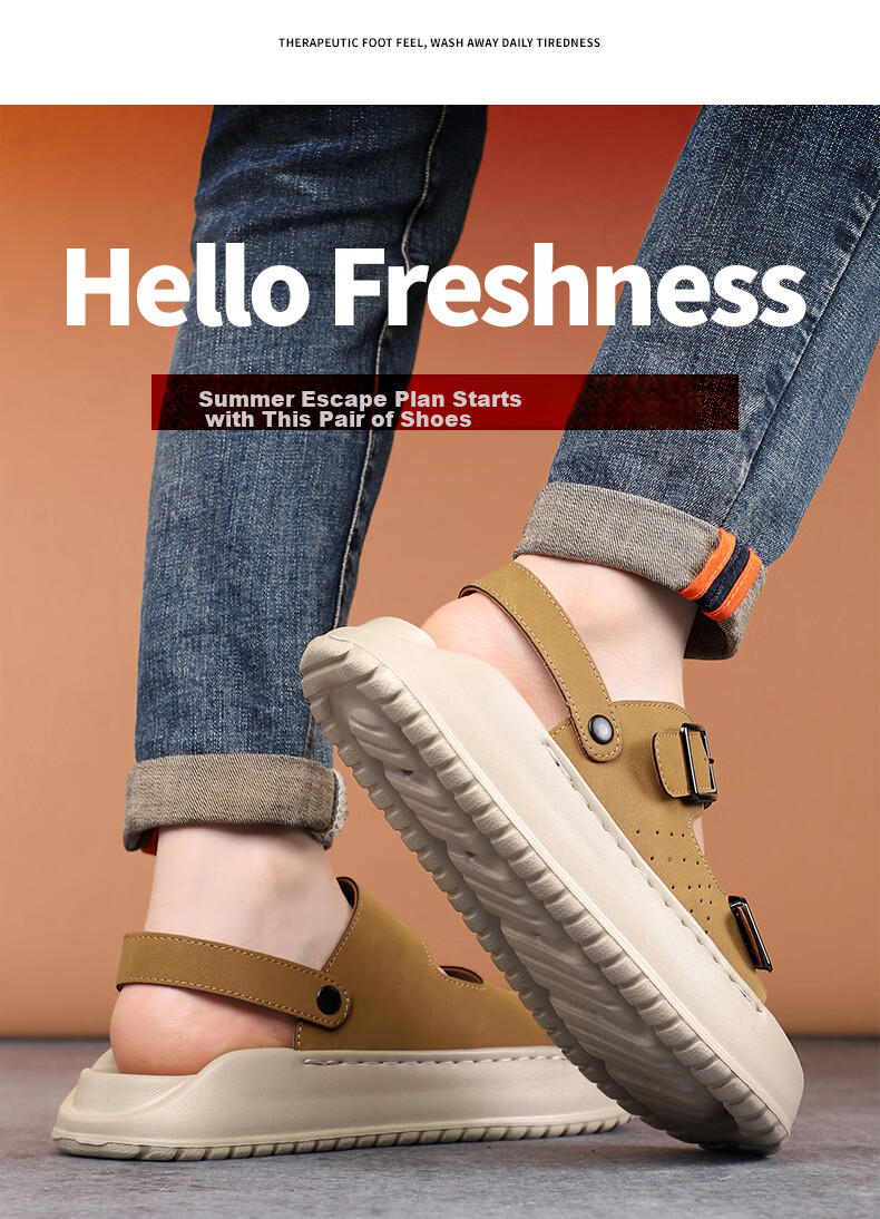 MEXICAN Spring Summer New Men's Leather Sandals Beach Shoes Dual-Wear Slippers Breathable Black Size 39 15