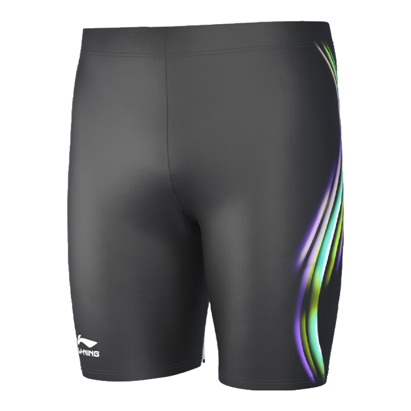 Li-Ning Men's Swim Trunks, Quick-Drying, Chlorine-Resistant, Anti-Embarrassment, Comfortable, High-Elasticity, Hot Spring, Knee-Length Training Swim Shorts, 315 Black-Green, Size L