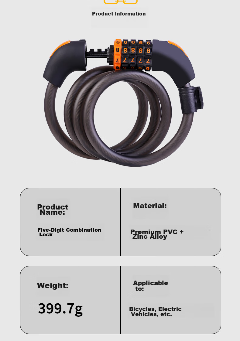 Forever Bicycle Lock Anti-theft 5-Digit Combination Lock Mountain Bike Motorcycle Electric Bike Black Orange 1.2m 3