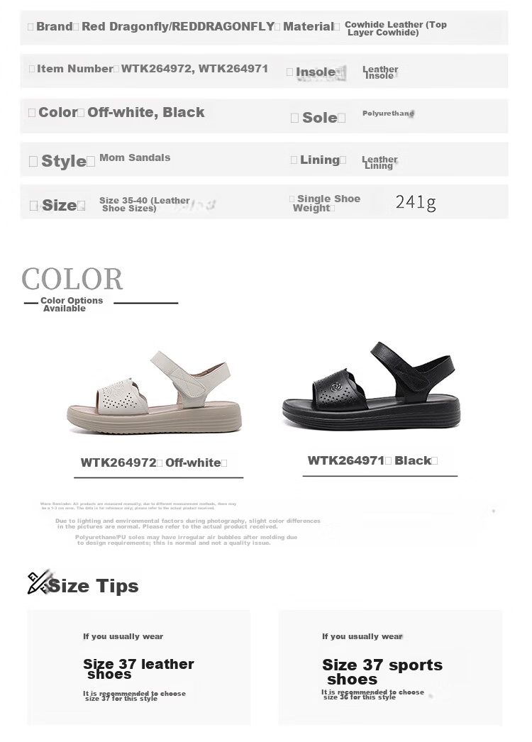 Red Dragonfly Women's Leather Sandals with Velcro, Middle-aged and Elderly Commuter Soft Sole Mom Slippers WTK264971 Black Size 38 10