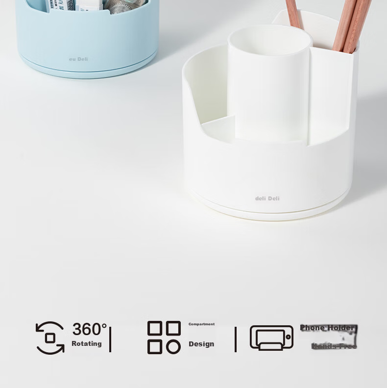Deli Multifunctional Rotating Pen Holder Large Capacity Desktop Organizer Phone Stand Office Supplies Rotatable Blue PK414 2