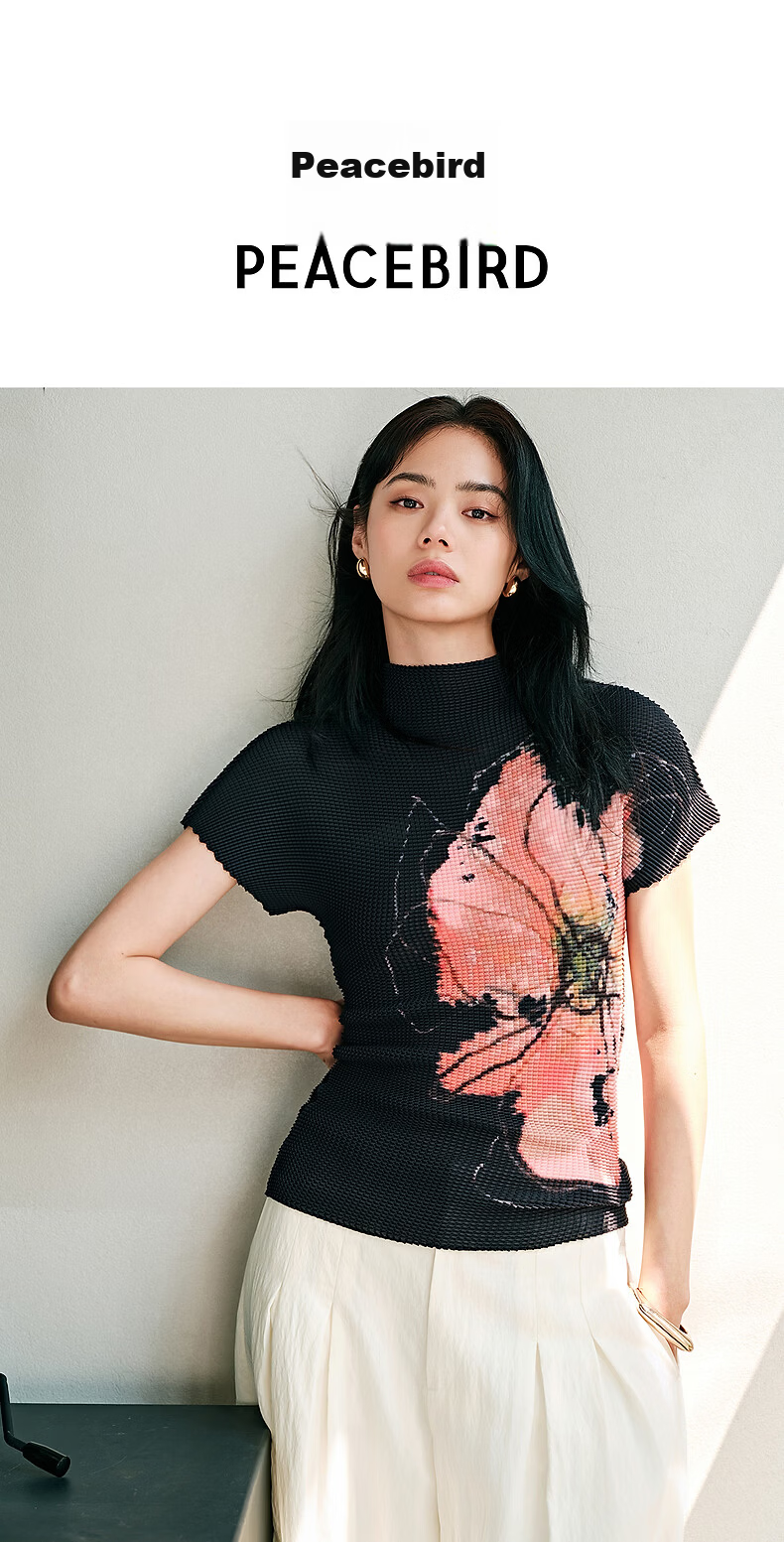 Peacebird Women's T-Shirt Miyake Style Pleated Soma Flower Short Sleeve Summer Elegant Half High Neck Slim Fit Top Black L 1