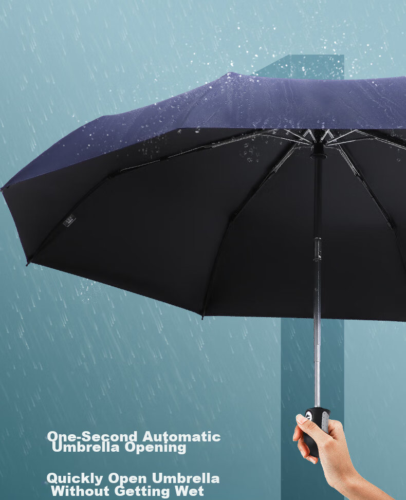 Paradise Umbrella Fully Automatic 3-Fold Sun and Rain Umbrella, 8-Rib Reinforced Black Coating, One-Button Open and Close, Quick Dry, Simple Design, Dark Blue 1