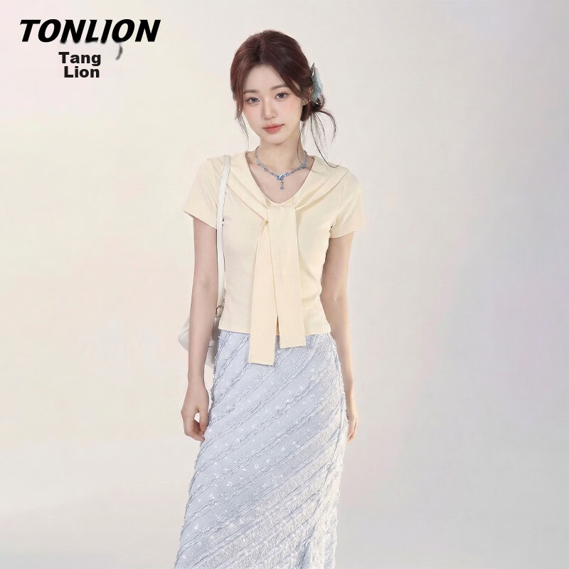 TonLion Women's Short Sleeve French Style Navy Collar Fake Two-Piece Slim Fit Shoulder Design Cropped T-Shirt Summer New