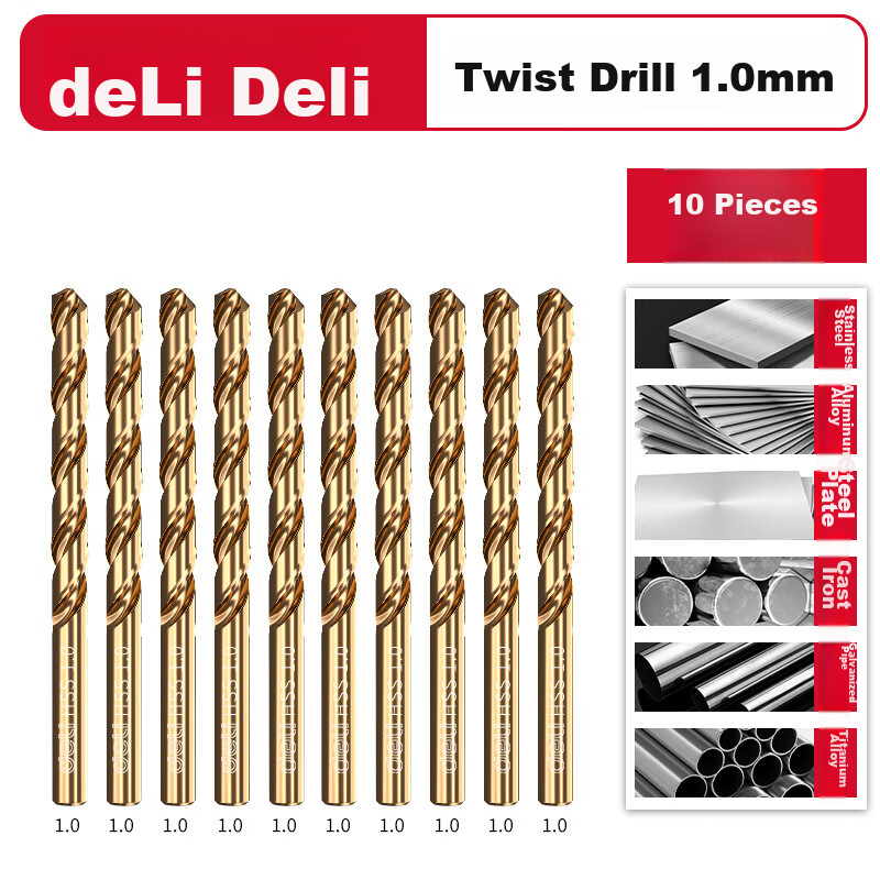 Deli 43 Twist Drill Industrial Grade Round Shank High Hardness Fast Drilling Stainless Steel Aluminum Alloy [1.0mm] 10pcs