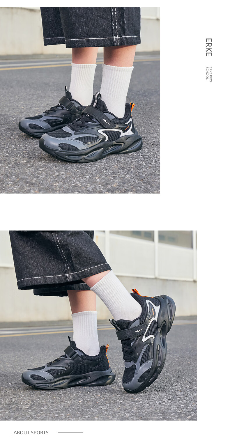 ERKE Kids Casual Shoes Boys and Girls Big Children Leather Mesh Running Shoes Black/Cove Blue/Microcrystalline White Size 33 25