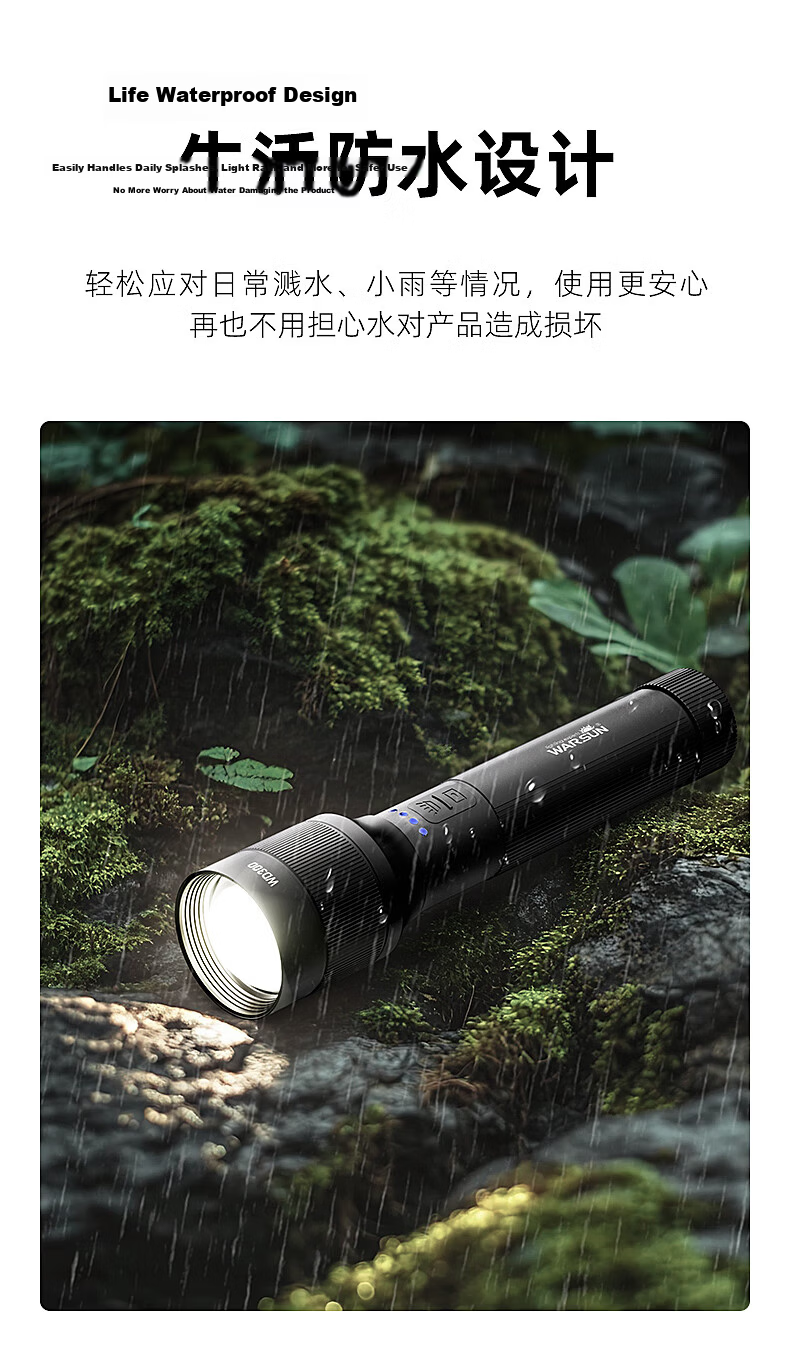WARSUN WD300 High-Power Flashlight Zoomable Long-Range Laser Super Bright Rechargeable Portable Outdoor Emergency Lighting 16