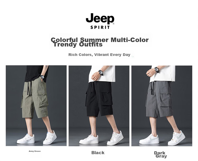 JEEP SPIRIT Men's Summer Ice Silk Cargo Shorts Loose Sports Quick-Dry Capri Pants Military Green M 3