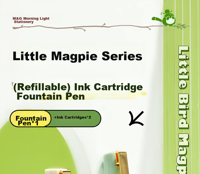 M&G Stationery Little Magpie EF Nib Fountain Pen Set (1 Fountain Pen + 2 Erasable Pure Blue Ink Cartridges, 3.4mm) Student School Writing Pen HAFP1759 Light Green 1