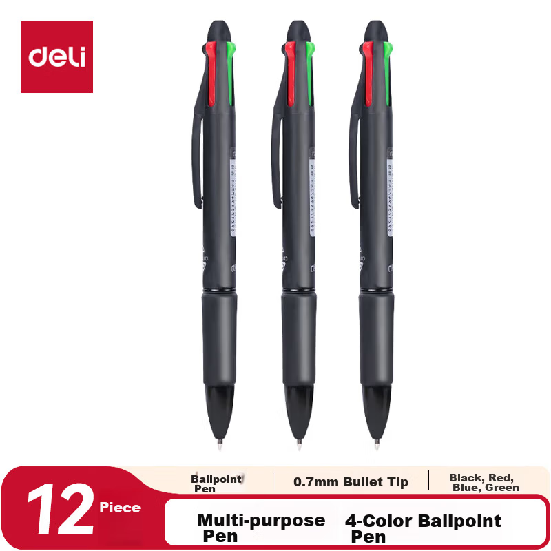 Deli Multifunction 4-Color Ballpoint Pen 0.7mm Bullet Tip Click Pen (Black, Red, Blue, Green) 12pcs/Box 33390 Exam Use