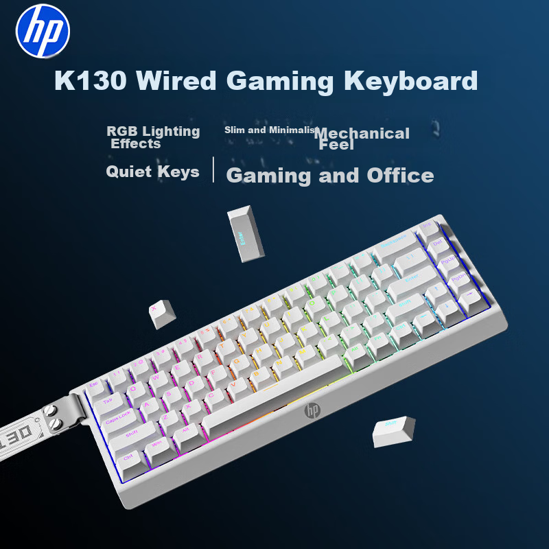 HP K130 Wired Quiet Mechanical Feel High-Value Portable 68-Key Keyboard for Women Office Laptop Gaming RGB Backlit Peripheral