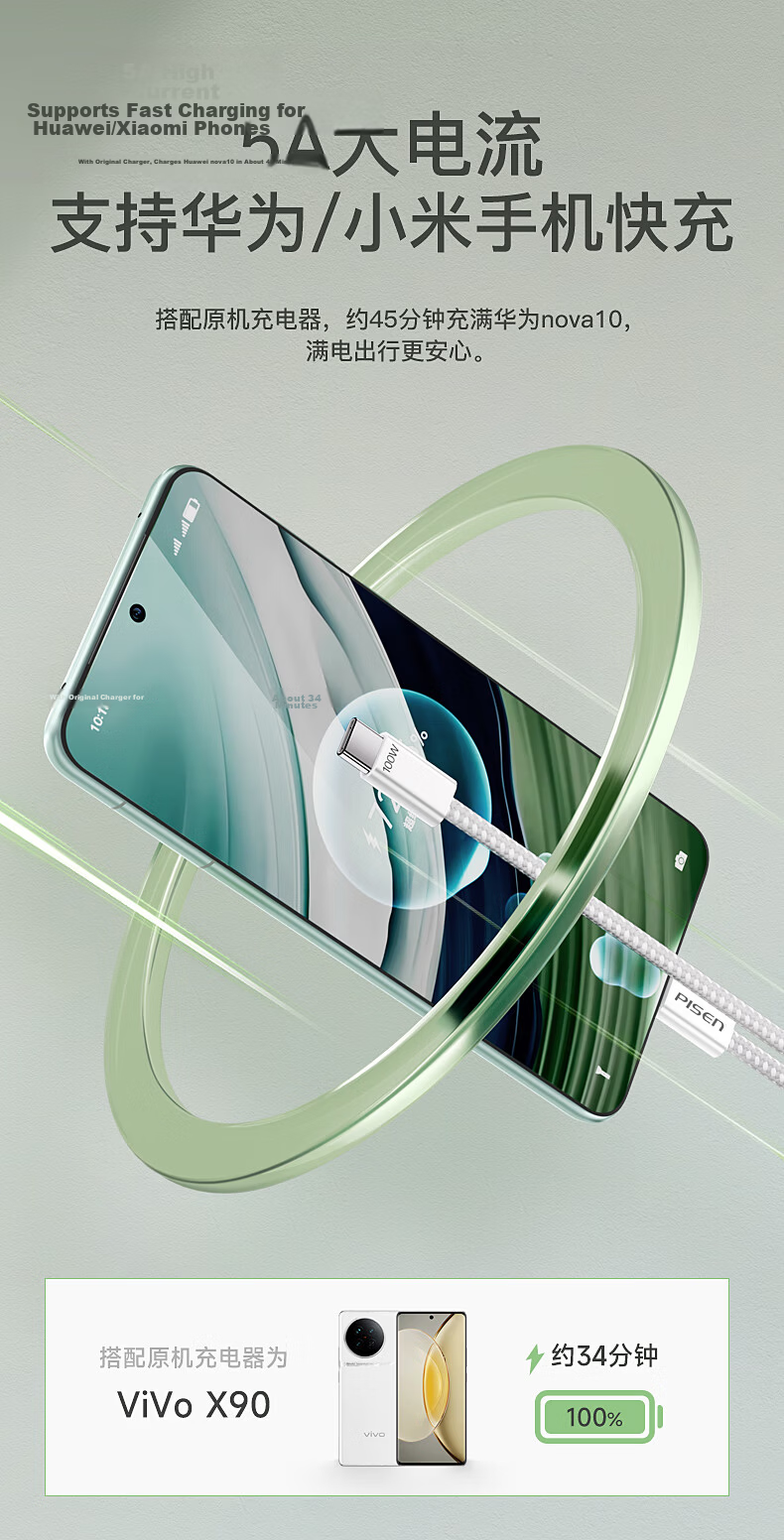 Pisen Dual-Head Type-C PD 100W Data Cable for Apple 17 Pro Max, 5A Fast Charging Car Cable Compatible with iPhone 16/15, Huawei, Xiaomi, Lenovo Laptops, 2m 3