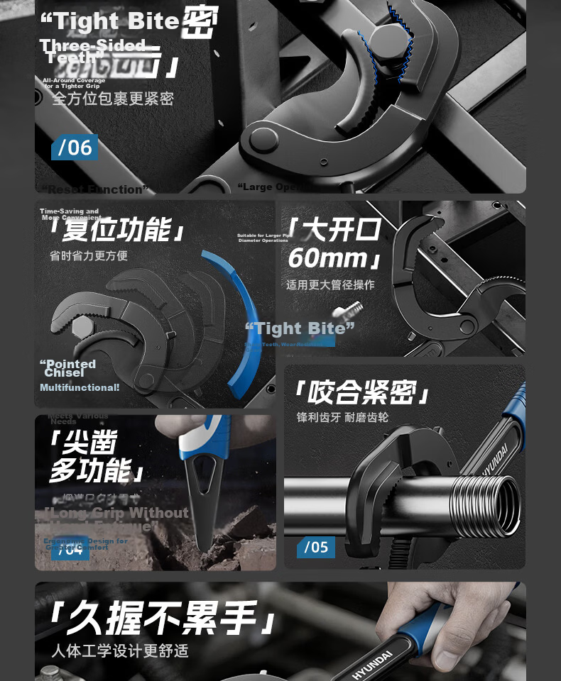 HYUNDAI Adjustable Wrench Multi-Functional Universal Plumbing Wrench Large Opening Pipe Wrench Small Hand Tool 2