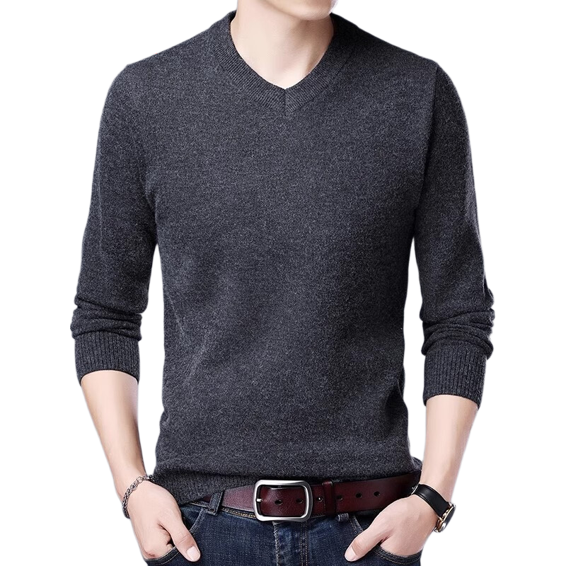Hengyuanxiang Solid Color Sweater for Men, Thick V-Neck Sweater, Middle-Aged Men's Knitted Base Layer, Warm Clothing