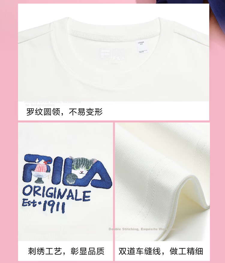 FILA Official Couple's Knitted Short Sleeve Shirt 2026 Summer Fashion Casual Unisex Loose Cat Embroidery T-Shirt 13